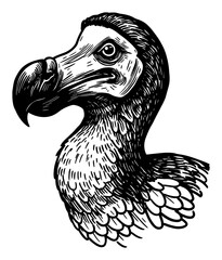 Detailed Dodo Bird Head Neck Side View Engraving Style Black and White Outline Line Art Drawing