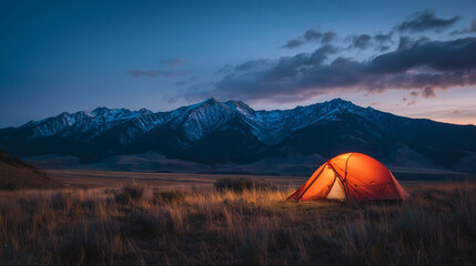 Adventure Camping Tent Illuminated at Sunset on Grass Field with Rocky Snow Mountains Blue Hour Landscape Travel Backpacking Solitude