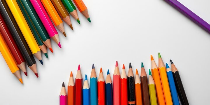 Vibrant colored pencils arranged artfully on textured paper, art background, art studio