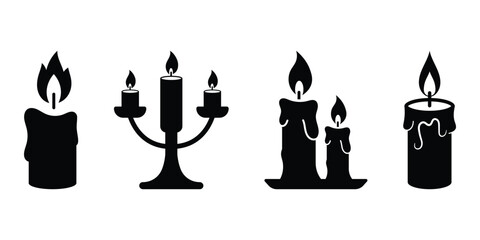 Black candle silhouettes with flames. Burning candle with dripping wax design, candle flame icon silhouette vector illustration isolated on white background.