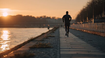 Fototapeta premium Morning run along the riverbank paris photography scenic side view fitness and health concept