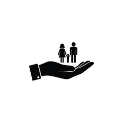 Family protection icon on hand, symbolizing care and security in a minimalist black and white vector design