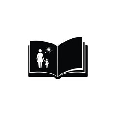 Open book illustration with mother and child reading a fairy tale