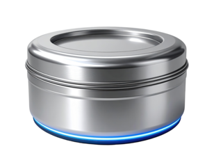 A round, metallic container with a clear lid, sits on a subtle glowing base.  The container is smooth and reflective, showcasing a polished finish