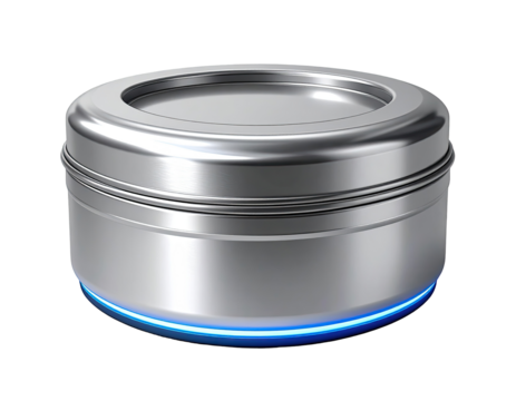 A round, metallic container with a clear lid, sits on a subtle glowing base.  The container is smooth and reflective, showcasing a polished finish