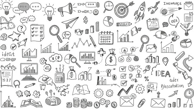 Extensive hand-drawn business doodle icons for strategy, finance, marketing, and data analysis. Perfect for presentations, websites, brochures, and in