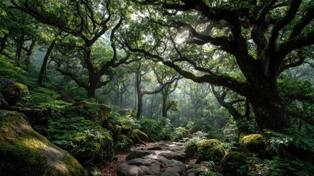 Wide-angle view of an ancient forest with sunlight filtering, mystical atmosphere, lush greenery