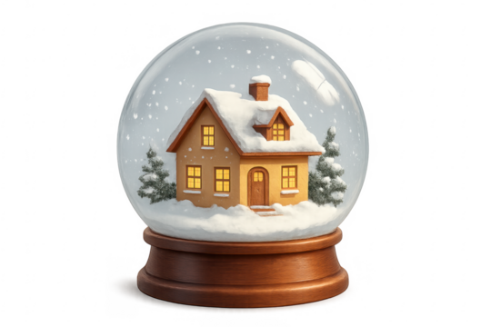 Cozy house inside snow globe with winter snow