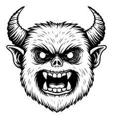 Fototapeta premium Scary Yetti Monster Head with Fangs Horns Black and White Outline Line Art Drawing Engraving
