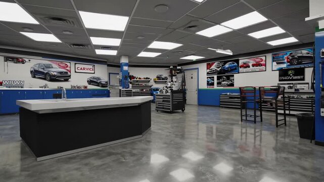 Modern car workshop interior featuring organized tools and clean design with vibrant car posters