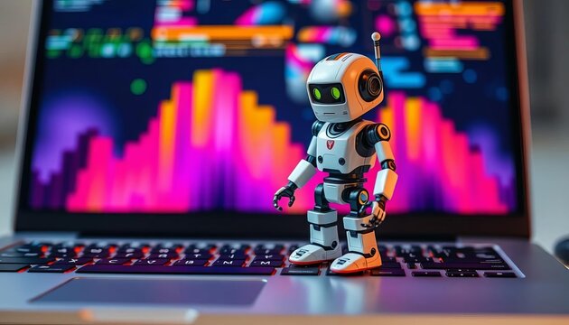 Miniature robot posed on open laptop keyboard, metal, artificial intelligence