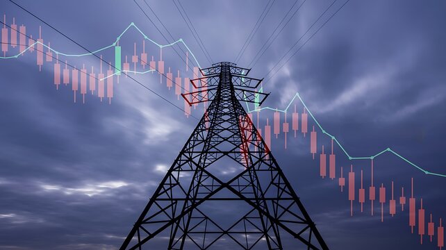Electricity Tower with Downward Stock Market Trend Overlay - Powered by Adobe