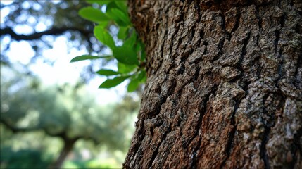 Obraz premium Detailed texture of tree bark with green leaves in natural setting