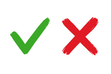Hand drawn green checkmark and red cross vector signs. Brush stroke tick and X icons. Symbols for YES and NO button for vote, survey or quiz. Correct and incorrect choice marks.