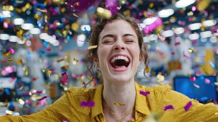 Celebratory woman laughing joyfully in confetti filled office vibrant atmosphere dynamic viewpoint