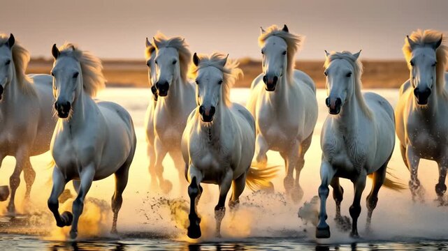 Herd of white horses running through shallow water at sunset image photo 4K HD video.	
