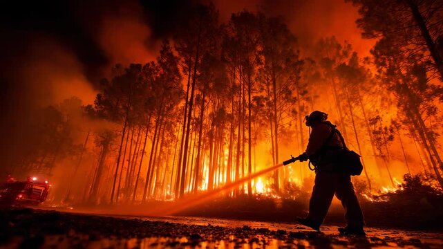 Firefighter Battling Wildfire in Forest at Night, Using Hose to Suppress Flames, Emergency Response, Intense Heat, and Dangerous Conditions