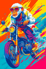 A vibrant, stylized monkey wearing sunglasses rides a motorcycle through a colorful abstract background