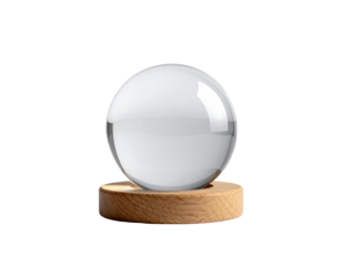 Clear glass sphere resting on a light brown wooden base