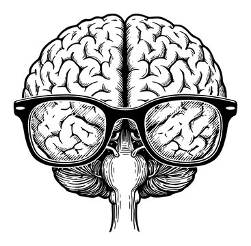 Human Brain Wearing Eyeglasses Front View Medical Concept Black and White Outline Line Art Drawing