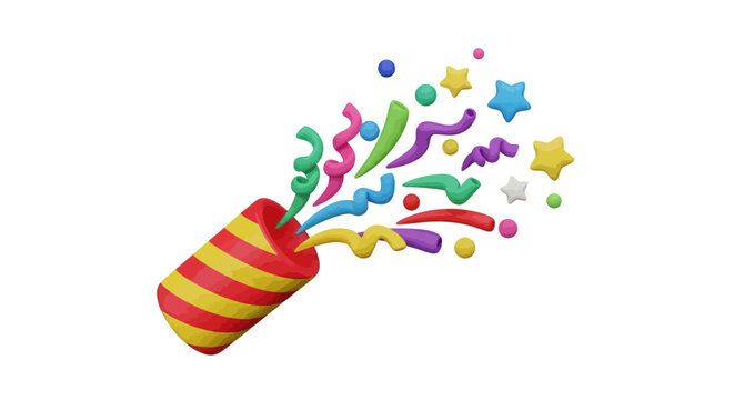 Colorful 3D claymation party popper exploding with confetti streamers and stars.