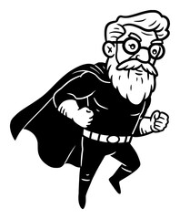 Fototapeta premium Funny Old Man Grandpa Superhero Character Running Leaping Black and White Outline Line Art Drawing