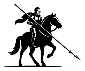 Knight Riding Horse with Spear Logo Vintage Black and White Outline Line Art Drawing Isolated Object