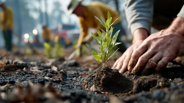 Reforestation Effort: Close-up of Hands Planting Sapling in Burned Forest Soil with Firefighters in Background