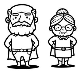 Cute Grandpa and Grandma Superhero Couple Character Black and White Outline Line Art Drawing Isolated