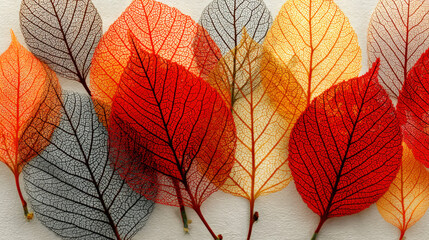 Obraz premium Skeleton Leaves with Intricate Vein Patterns in Red Orange Yellow Autumn Colors