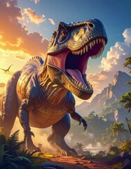 Large dinosaur stands in a lush prehistoric landscape during sunset, showcasing its powerful presence and sharp teeth