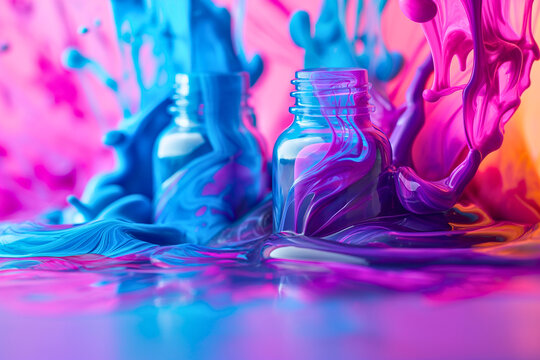 Colorful paint bottles with swirling liquid in abstract flow