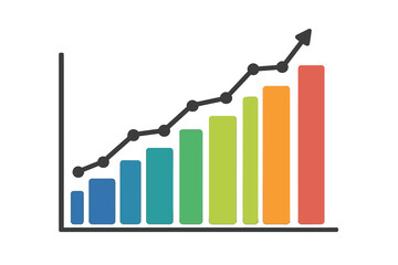 Business chart with rising bar graph and arrow. Financial growth and success concept. Data analysis infographic for presentation. Vector diagram with 6 steps or options.