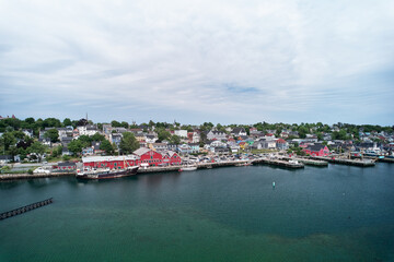 Aerial drone image of Lunenburg Nova Scotia waterfront on Canada's Eastern Atlantic Province