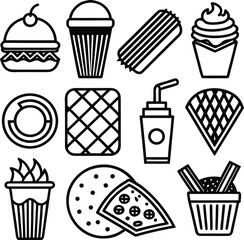 Collection of outline icons representing popular fast food and sweet treats perfect for menus and design projects