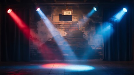 Fototapeta premium Stage with Red and Blue Spotlights and Exit Sign