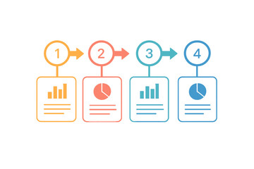 Infographic template with 4 steps. Business data visualization process chart. Modern timeline diagram for presentation. Workflow layout with colorful pie and bar graph icons. Vector.
