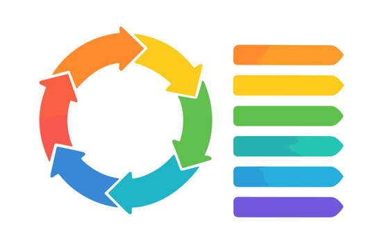 Infographic circle chart with 6 steps. Colorful circular arrow diagram for business data visualization. Process workflow for presentation template. Vector round graph element.