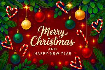 Merry Christmas and Happy New Year Background with Pine Leaves, Candy Canes, Baubles and Lights on Red Festive Backdrop