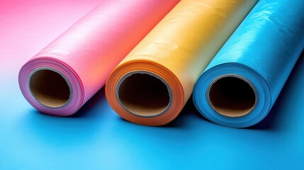 Fototapeta premium Vibrant Rolls of Colored Paper Against a Soft Gradient Background