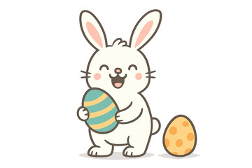 Happy Easter bunny with decorated eggs. Cute cartoon white rabbit character. Funny spring holiday animal vector illustration. For greeting card, kids design, invitation.