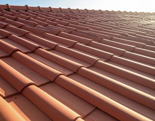 Bright orange clay tiles covering a sloped roof under clear blue sky during afternoon light