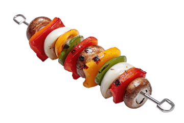 A single stainless steel skewer with grilled bell pepper, onion, and mushroom pieces, isolated on transparent background.
