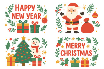 Merry Christmas Happy New Year vector set. Cute cartoon Santa Claus, snowman, Xmas tree, gifts collection. Holiday greeting card element pack. Festive winter celebration icons.