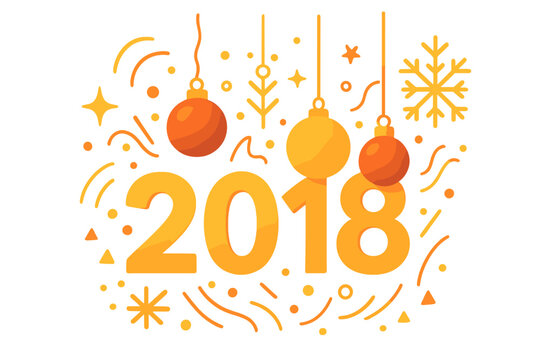 Happy New Year 2018 vector design for greeting card or banner. Merry Christmas festive illustration with hanging baubles, ornaments, snowflake, stars and confetti elements.