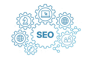 SEO mechanism concept with integrated gears and icons for digital strategy, internet network, analytics, social media connections, global marketing, and business growth