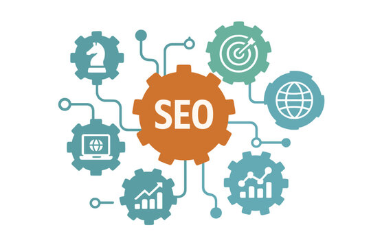 SEO mechanism concept with integrated gears and icons for strategy, digital marketing, internet network, data analytics, social media connection, global optimization