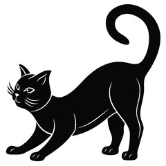 Black cat stretching its body, with curled tail