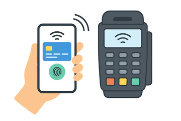 Wireless payment with mobile phone and terminal illustration, flat style smartphone in hand showing credit card and fingerprint for secure contactless transaction, successful digital payment concept