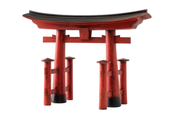 A lacquered vermilion torii gate miniature with black cap beams and visible wood grain, viewed slightly from below, isolated on transparent background.
